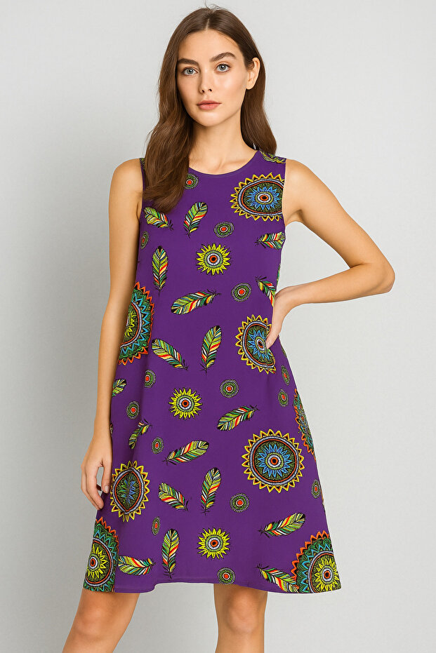 Women's Purple Ethnic Patterned Sleeveless Viscose Mini Dress