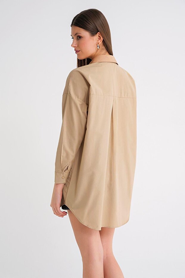 4053 Kadın Tek Cepli Oversize Basic Gömlek Bisküvi - 7