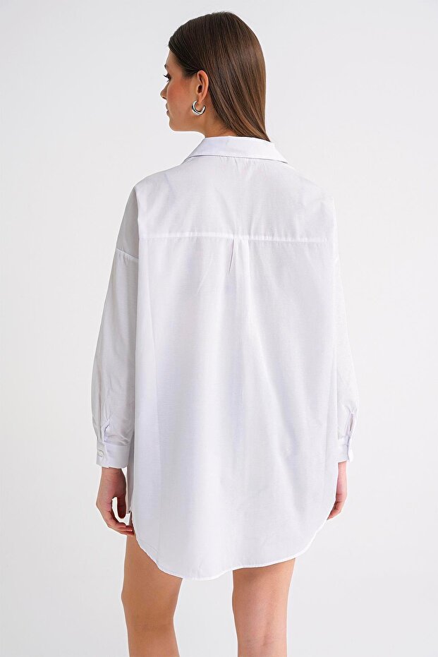 4053 Kadın Tek Cepli Oversize Basic Gömlek Beyaz - 7