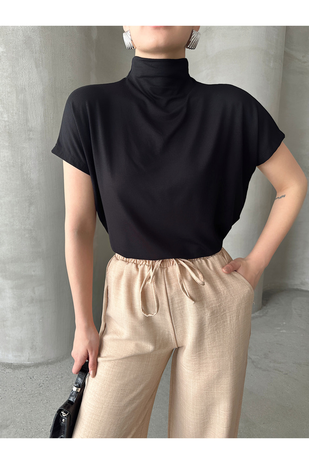 Women Black Stand Collar Off Shoulder Blouse