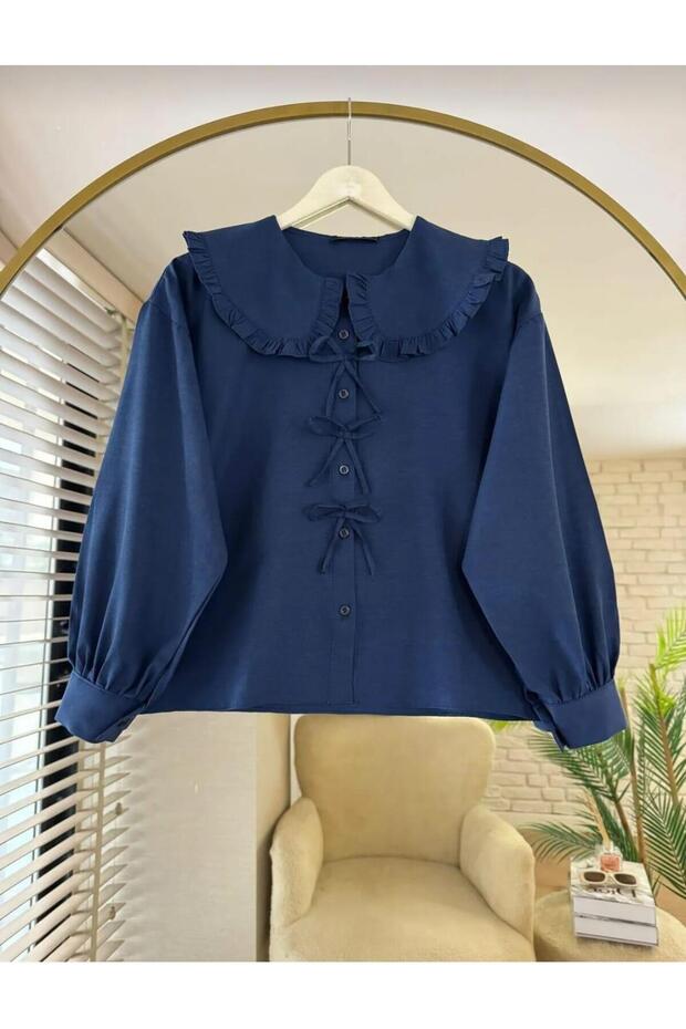 Poplin fabric collared detailed bow skirt top shirt