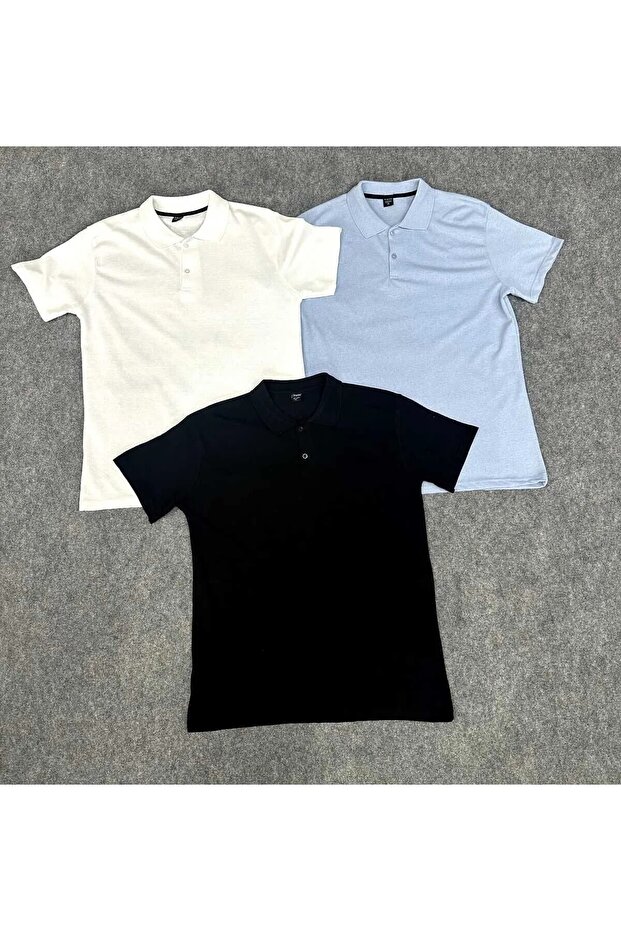 Summer Men's Polo Neck T-Shirt Black Baby Blue White Set of 3