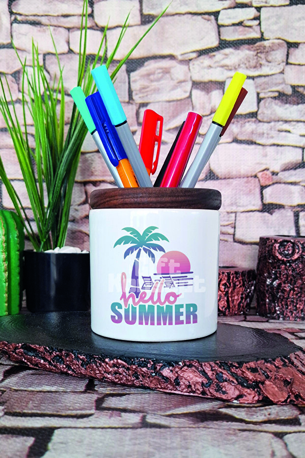 Hello Summer Retro Printed Ceramic Pen Holder Desktop Organizer