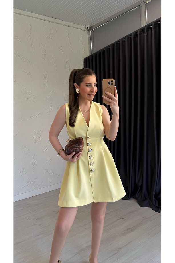 Kasleff Gold Düğmeli Elbise Sarı - 3