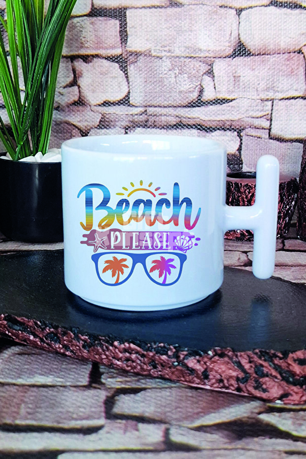 كوب لاتيه مطبوع عليه Beach Please مع مقبض على شكل حرف T