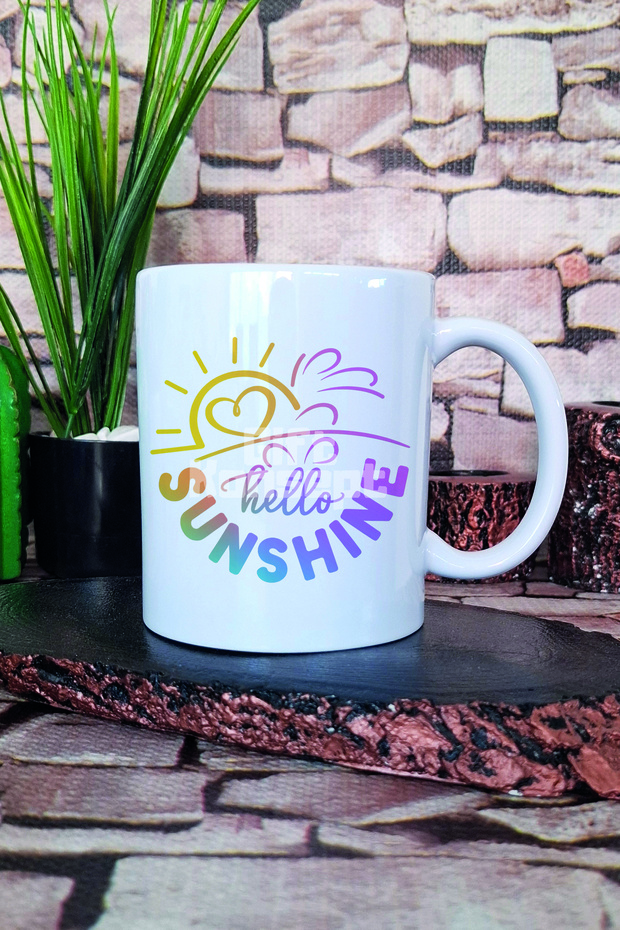 كوب لاتيه مطبوع عليه Hello Sunshine مع مقبض على شكل حرف T