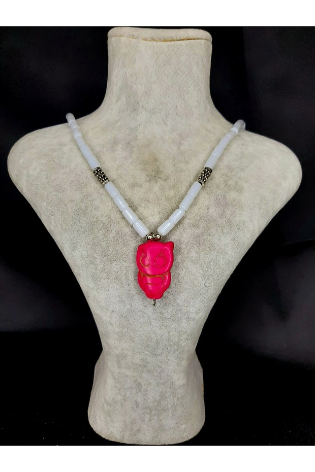 Owl Figured Natural Stone Necklace – Pink Symbol – Handmade Special Design