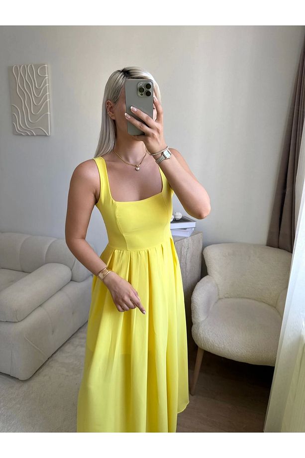 Valeria Kare Yaka Midi Elbise - SARI - 4