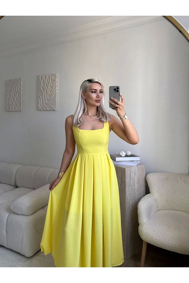 Valeria Kare Yaka Midi Elbise - SARI - 1