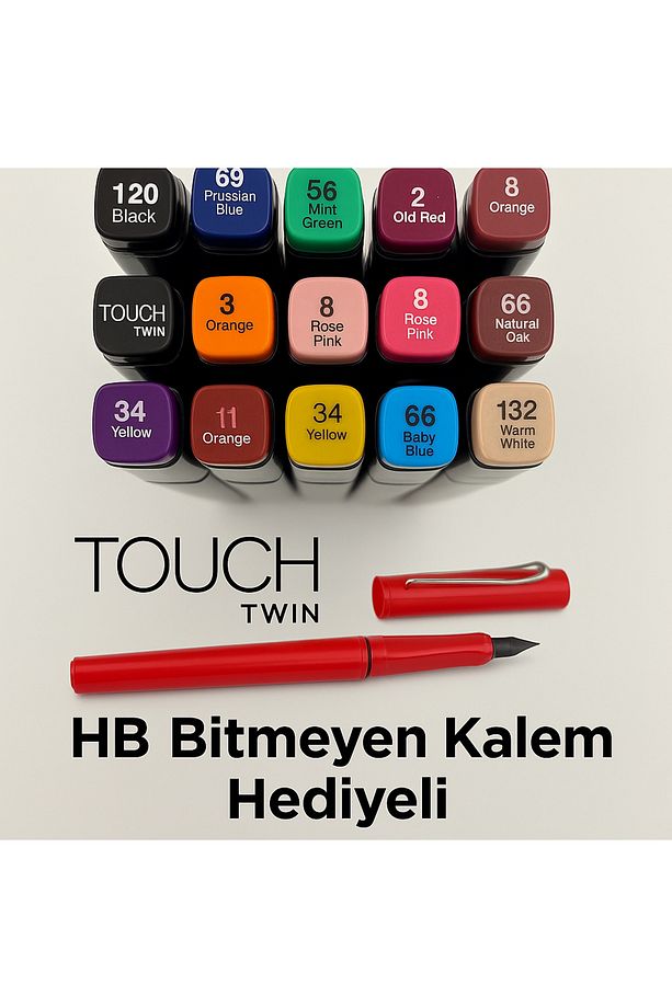 Touch Twin 1.kalite 12 Parça Çift Taraflı Profesyonel Marker Boya Kelem Seti Çantasız Kalem Hediyeli - 1