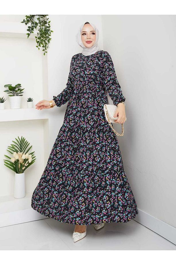 Kadın Tesettür Viscon Kumaş Çiçek Desen 135 cm Geniş Bel İç Göstermez Boydan Elbise - 5