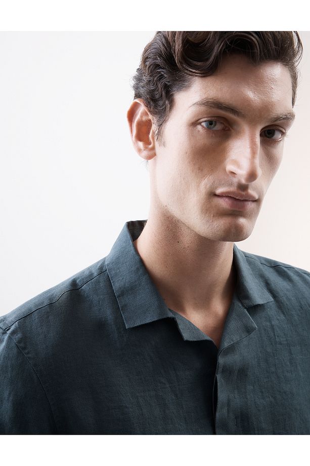 Saf Keten Herringbone Cuban Kısa Kollu Gömlek - 3