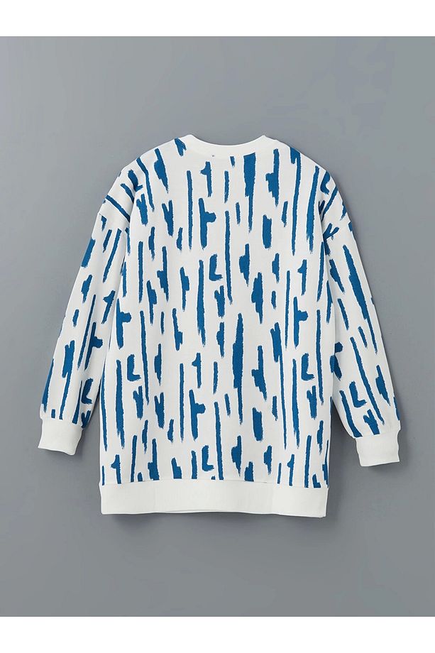 LCW Modest Mavi Bisiklet Yaka Desenli Kadın Sweatshirt Tunik - 6