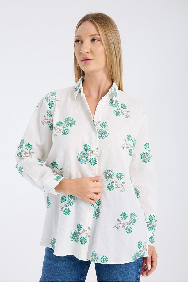 Çiçek Nakışlı Kumaş Oversize Salaş Gömlek - 7