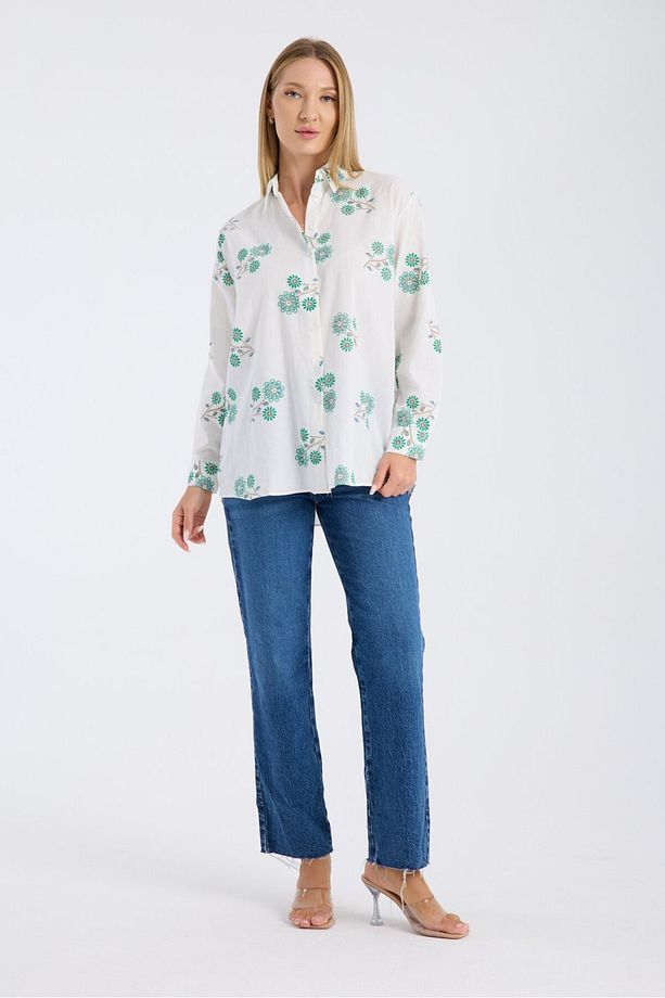 Çiçek Nakışlı Kumaş Oversize Salaş Gömlek - 5