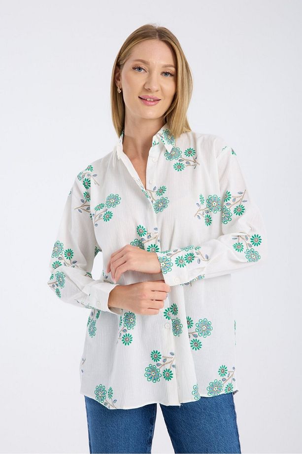 Çiçek Nakışlı Kumaş Oversize Salaş Gömlek - 1