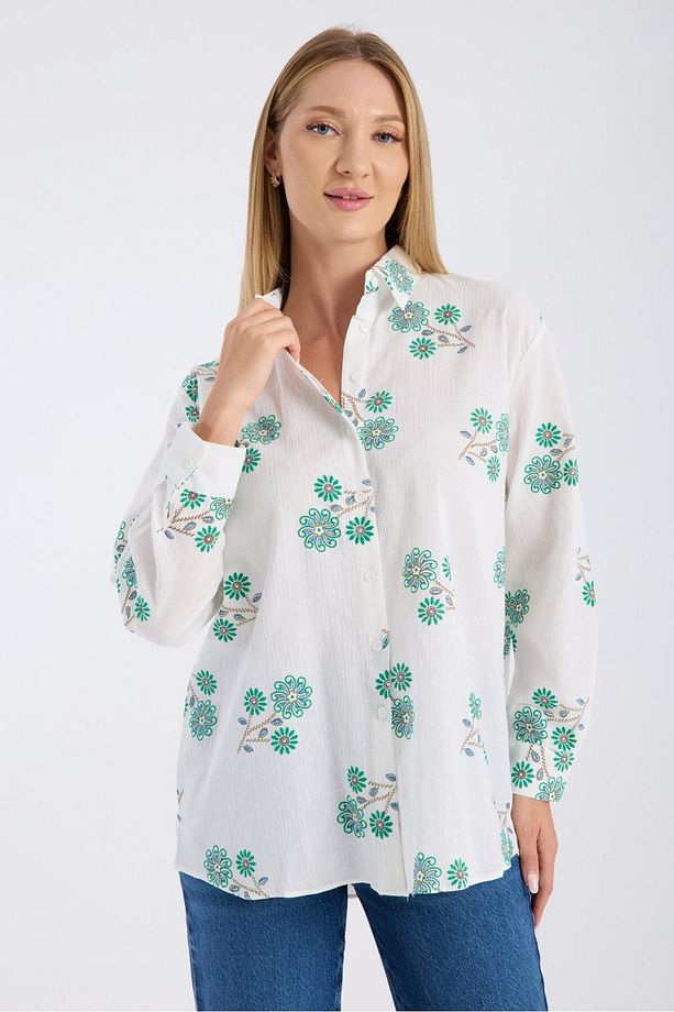 Çiçek Nakışlı Kumaş Oversize Salaş Gömlek - 6