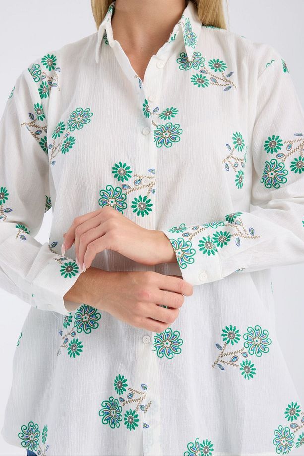 Çiçek Nakışlı Kumaş Oversize Salaş Gömlek - 9