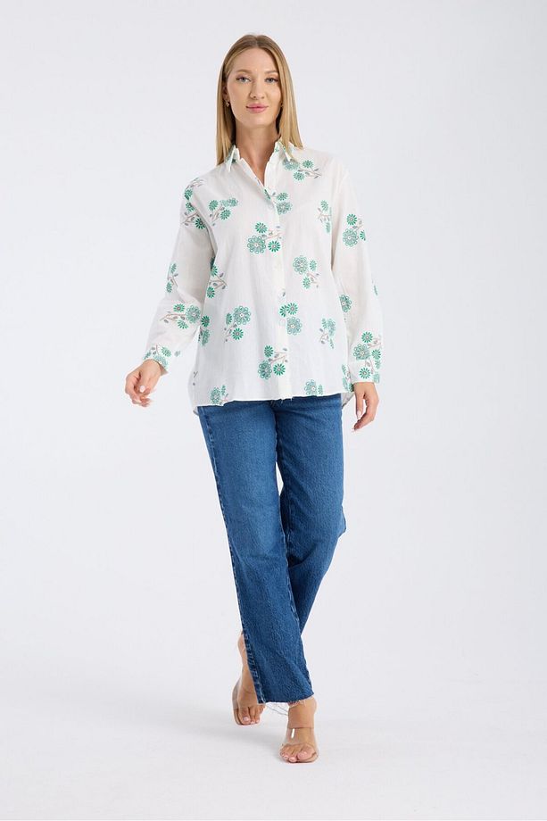 Çiçek Nakışlı Kumaş Oversize Salaş Gömlek - 4