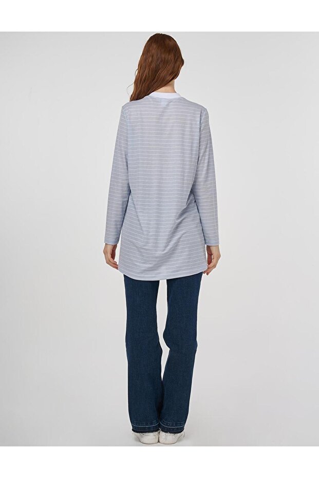 Çizgi Desen Örme Sweatshirt Açık Mavi - 5