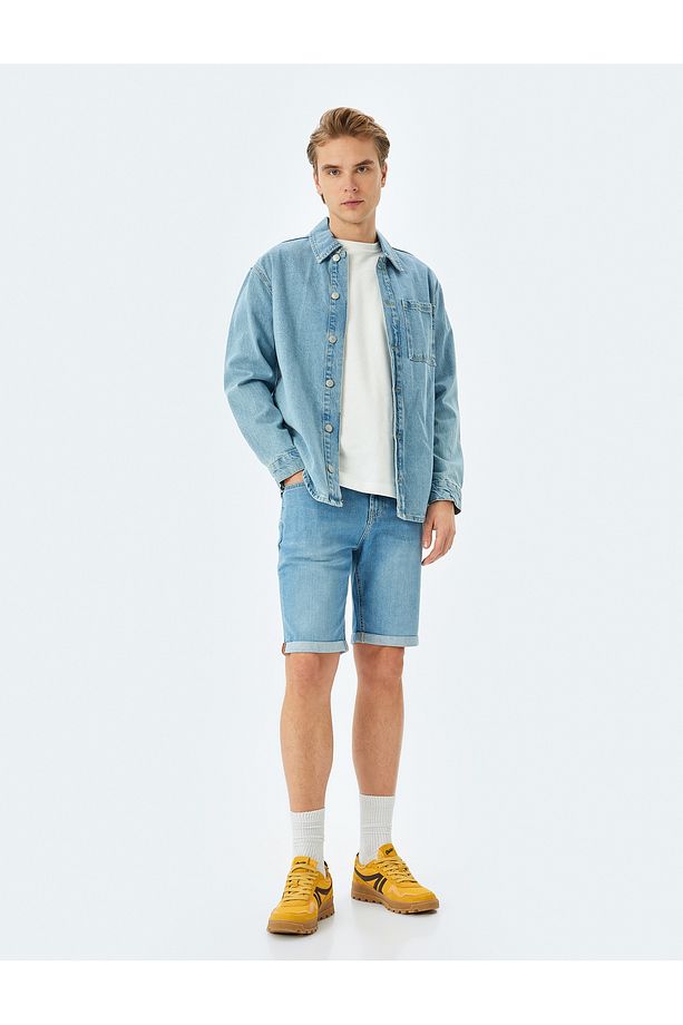 Katlamalı Paça Bermuda Slim Fit Jean Şort - 2