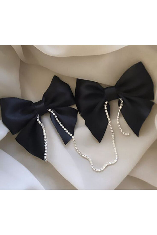 Set of 2 Black Satin Bow Model Stone Women's Buckle