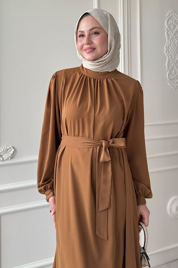 Kolu Kuşak Bağlamalı Camel Elbise - 4