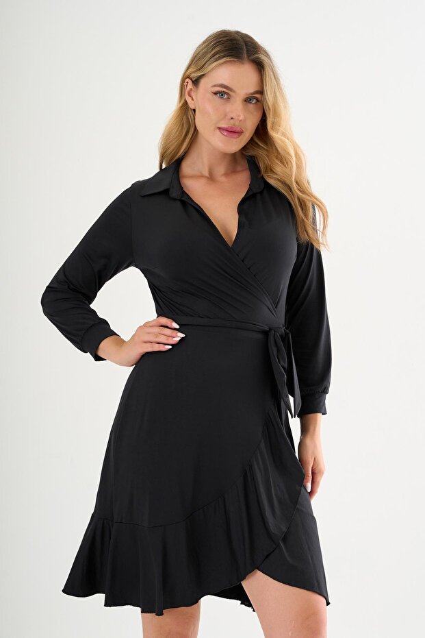 Collar Detailed Waist Belted Flounced Dress