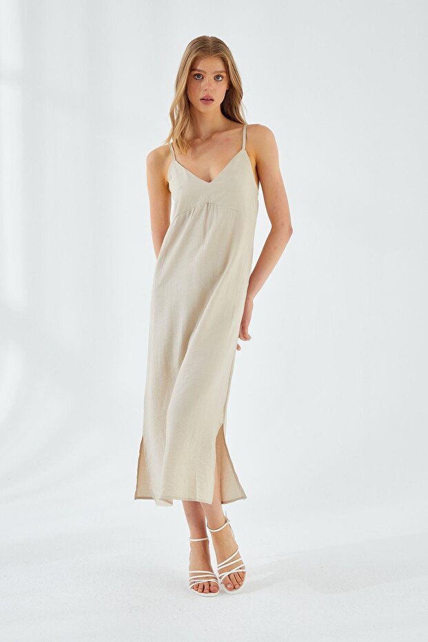 4252 Women's Rope Strap V-Neck Dress Stone