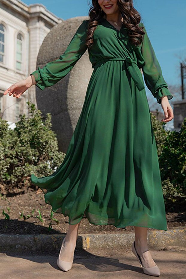 Kadın Yeşil Şifon Astarlı Elbise - 4