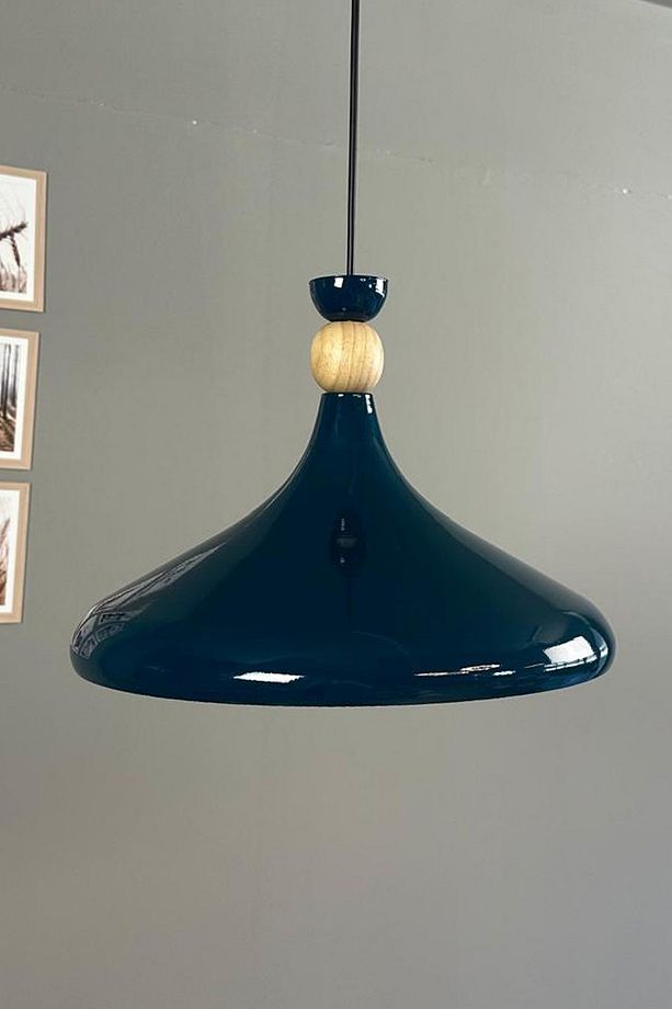 Gece Mavisi Ahşap Şapka Tekli Avize Sarkıt Salon Mutfak Cafe Butik Lamba Aydınlatma Avizeler - 3