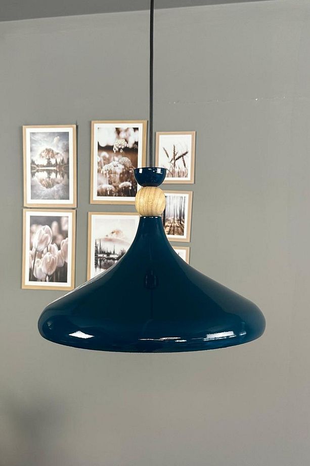 Gece Mavisi Ahşap Şapka Tekli Avize Sarkıt Salon Mutfak Cafe Butik Lamba Aydınlatma Avizeler - 5