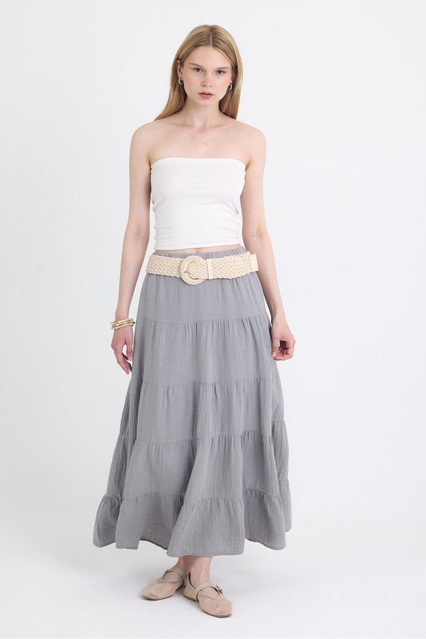 Gray Linen Look 100% Cotton Layered Long Skirt 4801A