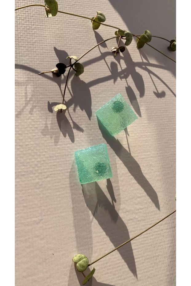 Serrated Water Green Color Large Size Square Shape Gold Accessory Epoxy Earrings Handmade Gift