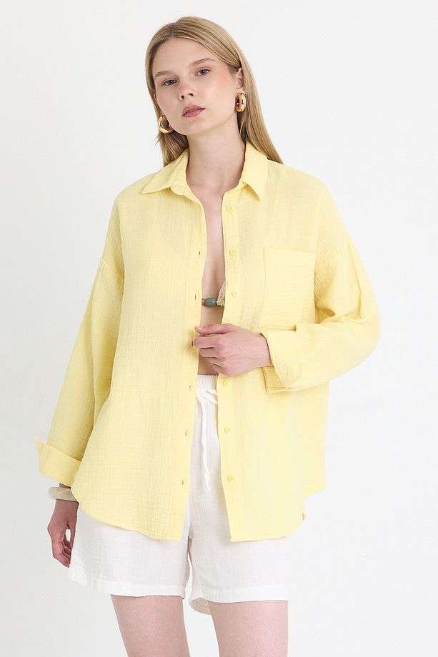 Sarı Tek Cepli %100 Pamuk Oversize Müslin Gömlek 4697A - 2
