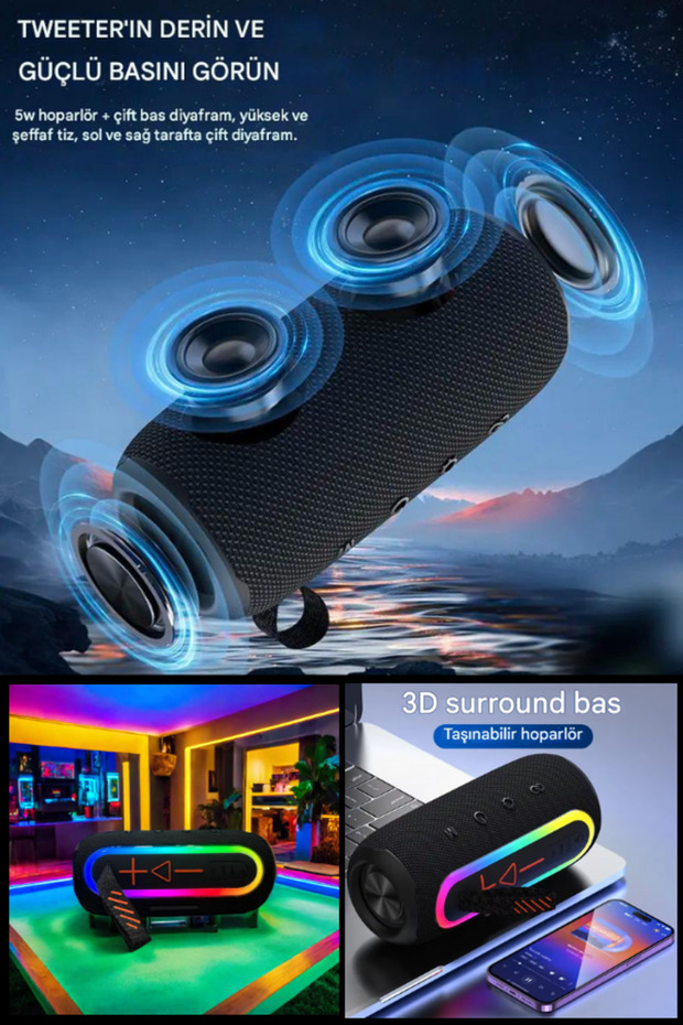 FLIP6 RGB Led Işıklı Dayanıklı Ses Bombası Usb Sd Aux Fm Radyo Kablosuz Bluetooth Hoparlör - 4