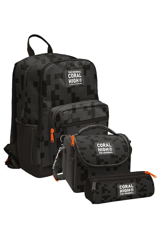 Coral High İlkokul ve Ortaokul Okul Çanta Üçlüsü - Erkek Çocuk, Siyah Blok Desenli