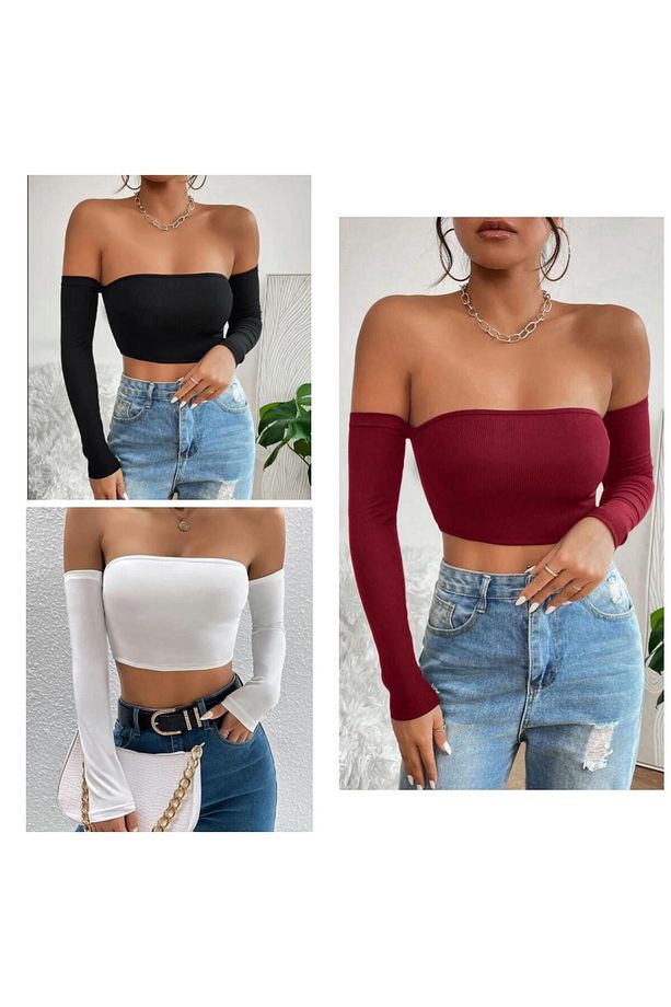 Kadın 3'lü Paket Fitilli Vücuda Yapışan STRAPLEZ KOLLU Crop Basıc bluz - 1