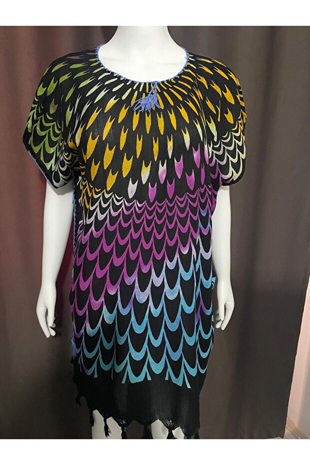 Black Beach Pareo with Colorful Pattern – Cotton Tassel Swimsuit Top Dress