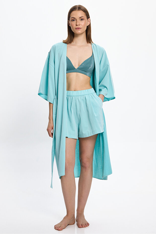 Women's Mint Green Striped Long Kimono 25Pl05St