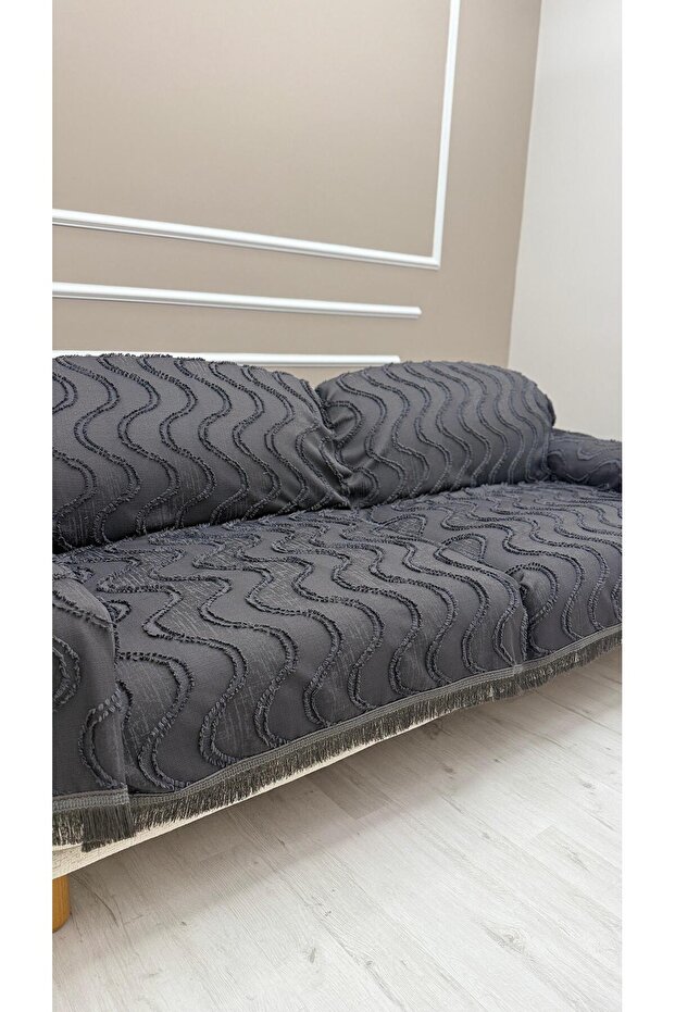 Large Size Wavy Tassel Sofa Cover 100% Cotton | Armchair Shawl 180 X 280 cm Anthracite