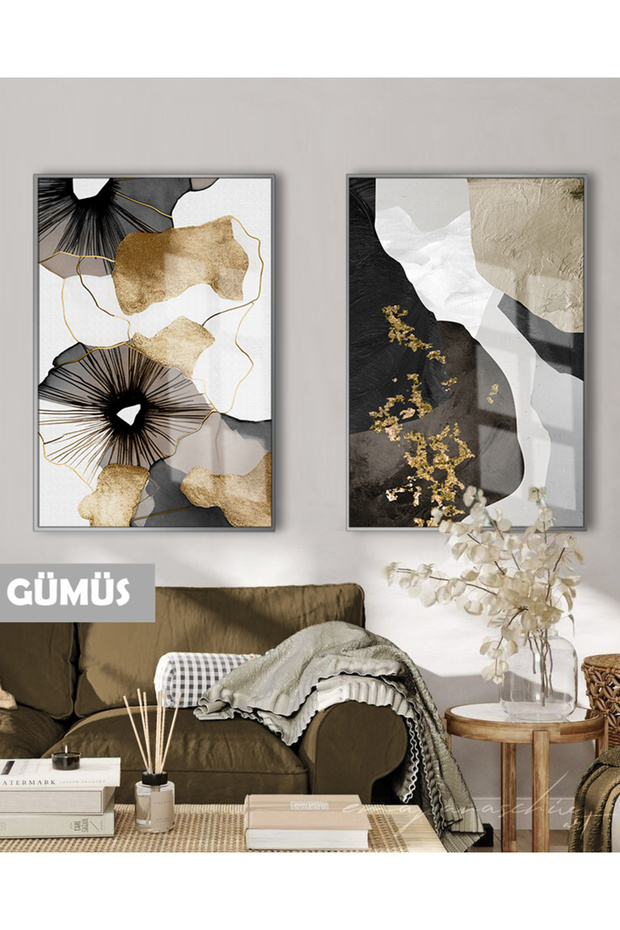 Amazing | Black&Gold Set Flower Pattern Modern Combination | Framed Glass Table 2 Pieces Vertical