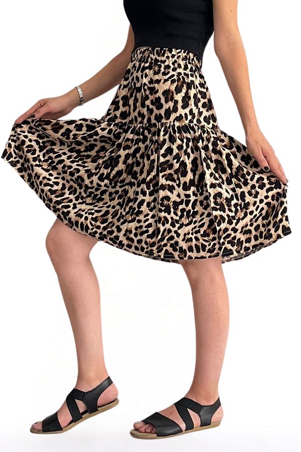 VİSKON KUMAŞ LEOPAR DESENLİ KADIN MİDİ BOY ŞORT ETEK - 1