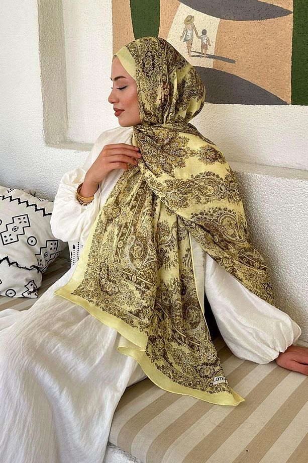 Retro Desen Soft Şal Sarı - 4