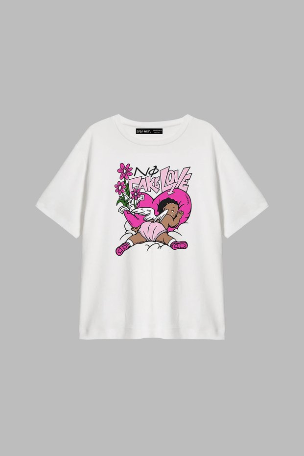 No Fake Love Printed Relaxed Fit White Women's Tshirt