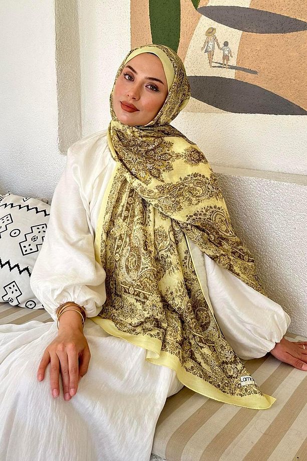Retro Desen Soft Şal Sarı - 1