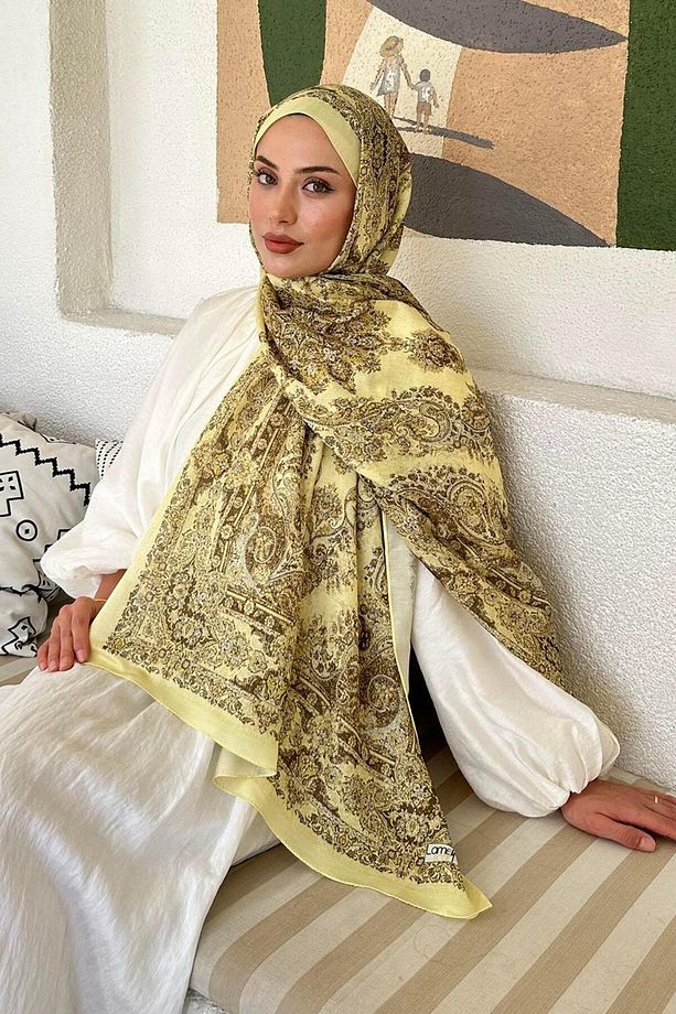 Retro Desen Soft Şal Sarı - 2