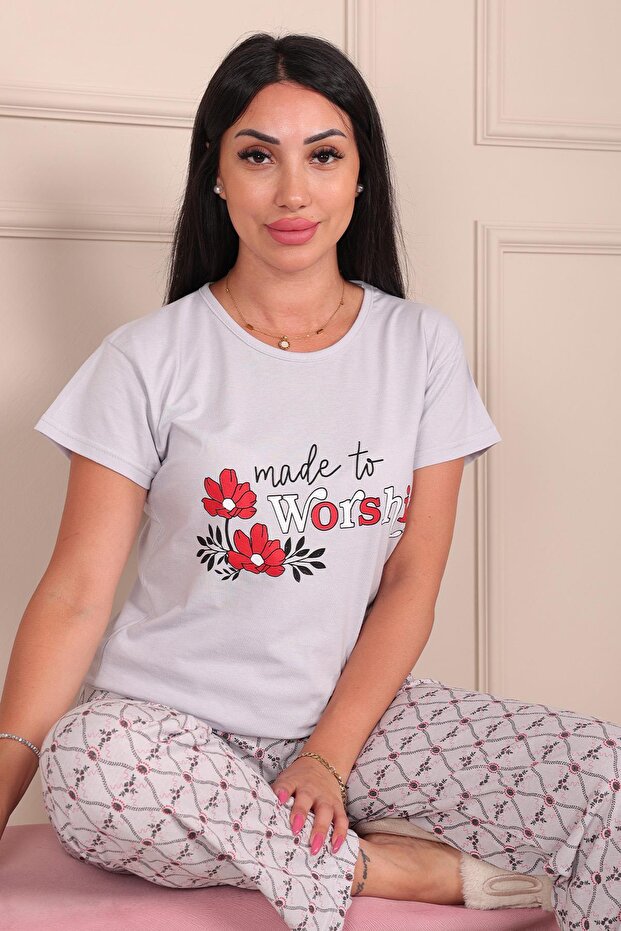 Made to Workship Slogan Floral Print Short Sleeve Bottom Long Pajama Set Gray
