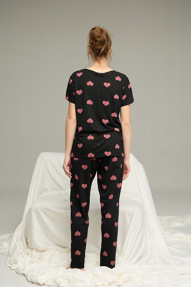 siyah pembe kalp desenli Kısa Kollu Örme Pijama Takım 7612 - 4
