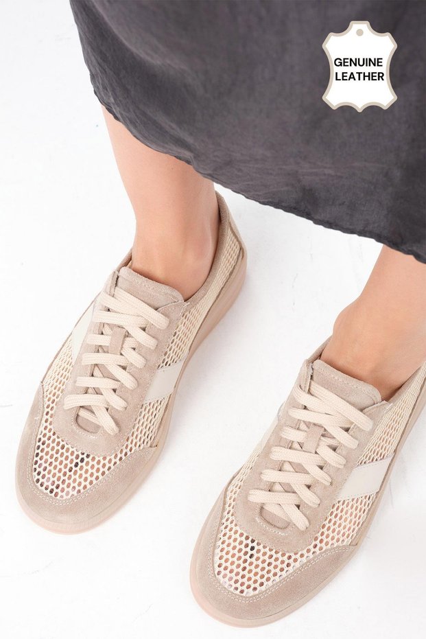 Irina Genuine Leather Beige Color Mesh Women's Sports Shoes